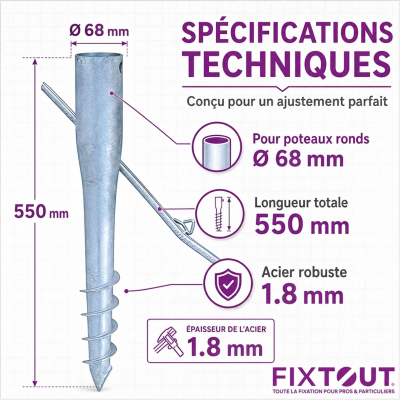 Pied de poteau de jardin rond zingué à tarauder avec accessoires - D. 68 x L. 550 mm - 68 x 550 x 1,8 mm 2