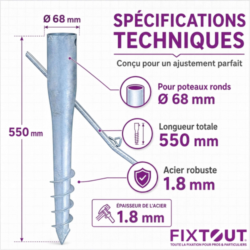 Pied de poteau de jardin rond zingué à tarauder avec accessoires - D. 68 x L. 550 mm - 68 x 550 x 1,8 mm