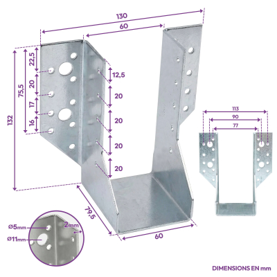 10 Sabots de charpente à ailes extérieures Connecteurs de poutres - Acier galvanisé - Larg 60 x Ht 132 mm - Fabriqué en Europe 2