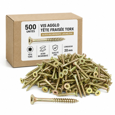 500 vis agglo tête fraisée Torx acier bichromatées (jaune/or) - longueur 20 mm