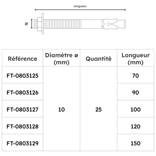 Lot de 25 goujons d'ancrage en acier inoxydable A2 M10 - Diamètre 10 mm