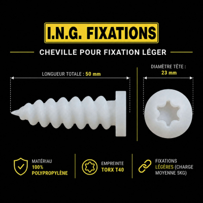 25 Chevilles pour fixation directe dans les isolants polystyrène - D. 23 x 50 mm - Empreinte Embout PH3 2