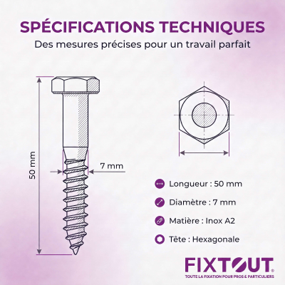 Tirefonds Acier inoxydable A2 - DIN 571 - D. 7 x 50 mm - Tête Hexagonale - 100 pcs 2