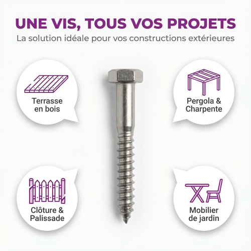 Tirefonds Acier inoxydable A2 - DIN 571 - D. 7 x 50 mm - Tête Hexagonale - 100 pcs
