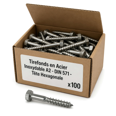 Lot de 100 tirefonds en acier inoxydable A2 - DIN 571 - Tête hexagonale - Diamètre de 6 mm