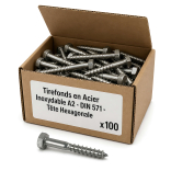 Lot de 100 tirefonds en acier inoxydable A2 - DIN 571 - Tête hexagonale - Diamètre de 6 mm