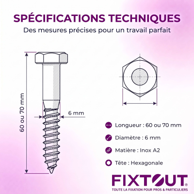 Lot de 100 tirefonds en acier inoxydable A2 - DIN 571 - Tête hexagonale - Diamètre de 6 mm 2
