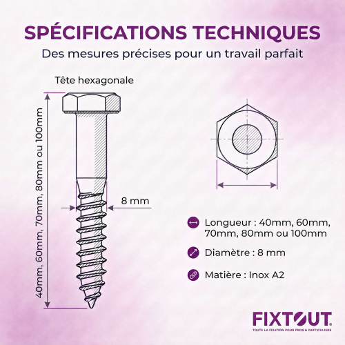Lot de 100 Tirefonds en acier inoxydable A2 - DIN 571 - Tête Hexagonale - Diamètre 8 mm