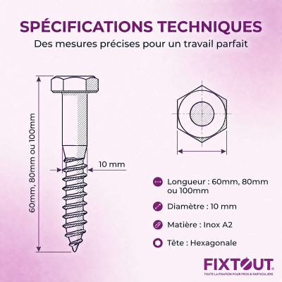 Lot de 100 tirefonds en acier inoxydable A2 - DIN 571 - Tête hexagonale - Diamètre 10mm 2