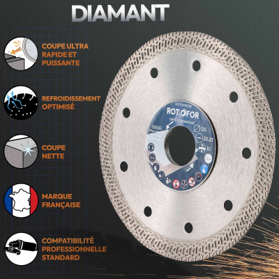 Disque diamant jante croisillons - Coupe fine - Alésage 22,23 mm - Hauteur segment 10 mm
