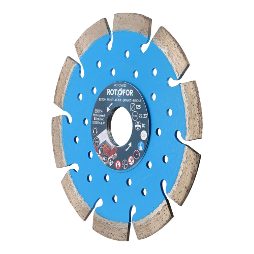 Disque diamant segments soudés Rotofor - Alésage 22,23 mm - Hauteur segment 10 mm - Coupe béton, brique, parpaing