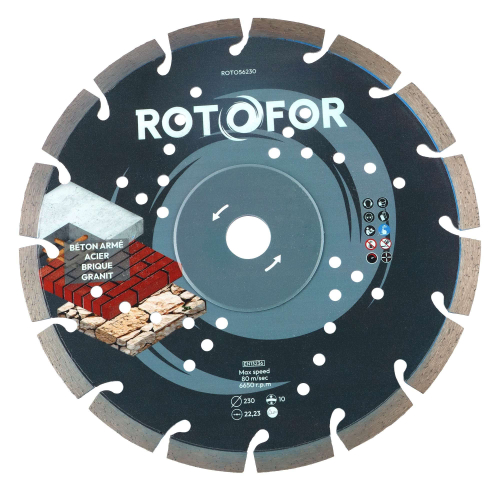 Disque diamant segments soudés Rotofor - Alésage 22,23 mm - Hauteur segment 10 mm - Coupe béton, brique, parpaing
