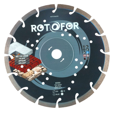 Disque diamant segments soudés Rotofor - Alésage 22,23 mm - Hauteur segment 10 mm - Coupe béton, brique, parpaing