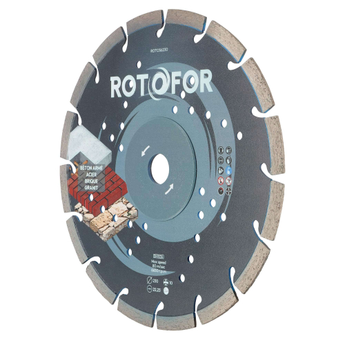 Disque diamant segments soudés Rotofor - Alésage 22,23 mm - Hauteur segment 10 mm - Coupe béton, brique, parpaing