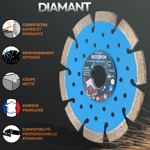 Disque diamant segments soudés Rotofor - Alésage 22,23 mm - Hauteur segment 10 mm - Coupe béton, brique, parpaing