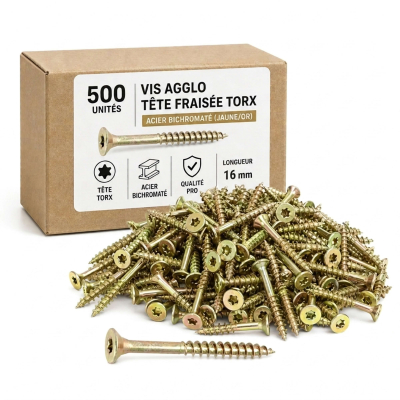 500 vis agglo tête fraisée Torx acier bichromatées (jaune/or) - longueur 16 mm