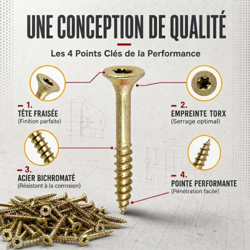 500 vis agglo tête fraisée Torx acier bichromatées (jaune/or) - longueur 16 mm