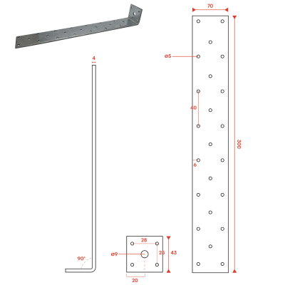 10 équerres d'ancrage béton - Acier galvanisé - Équerres à béton - Ht 300mm - Platine 43x40 mm - Epais 4mm - Fabrication Europe