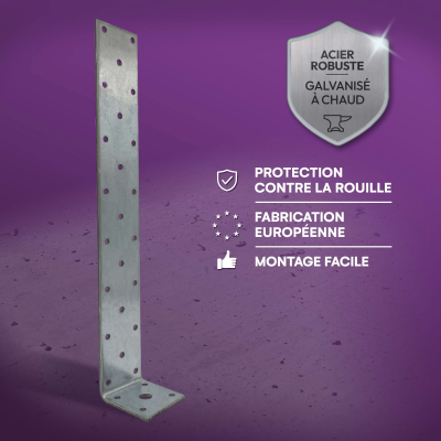 10 équerres d'ancrage béton - Acier galvanisé - Équerres à béton - Ht 300mm - Platine 43x40 mm - Epais 4mm - Fabrication Europe