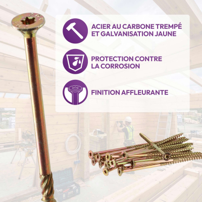 200 Vis bois Torx à tête fraisée plate expert - Acier galvanisé - Diamètre 6 mm - anti-fendage - moletage de serrage