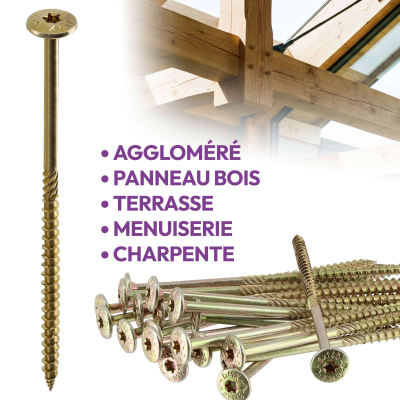 100 Vis bois Torx à tête bombée expert - Acier galvanisée - Diamètre 6mm - anti-fendage - moletage de serrage