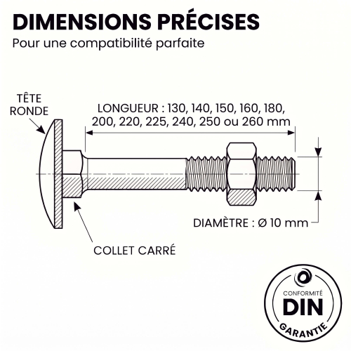 25 Boulons - tête ronde collet carré DIN603/555 acier zingués blanc diamètre 10,0 mm