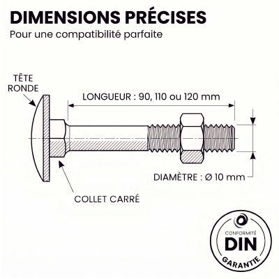 50 Boulons tête ronde collet carré DIN603/555 acier zingués blanc diamètre 10,0 mm 2