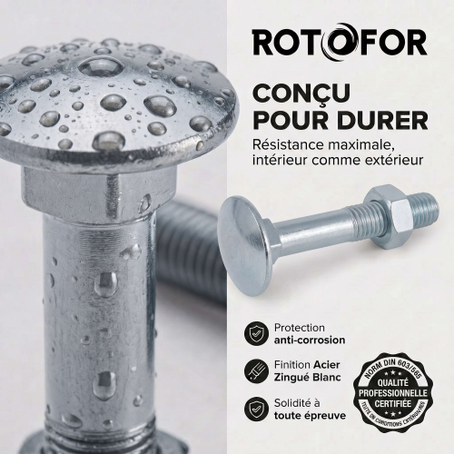 50 Boulons tête ronde collet carré DIN603/555 acier zingués blanc diamètre 10,0 mm