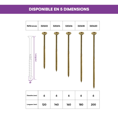 100 Vis bois Torx à tête bombée expert - Acier galvanisée - Diamètre 6mm - anti-fendage - moletage de serrage 2