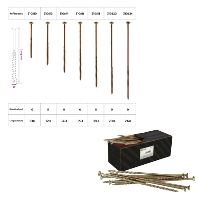 100 Vis bois Torx à tête fraisée plate expert - Acier galvanisé - Diamètre 6 mm - anti-fendage - moletage de serrage 2
