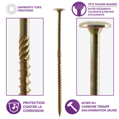 50 Vis bois Torx à tête bombée expert - Acier galvanisée - Diamètre 8 mm - anti-fendage - moletage de serrage