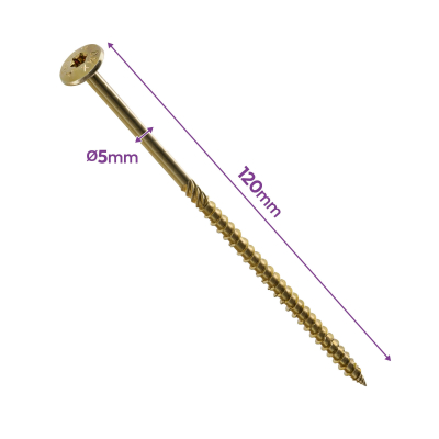 100 Vis bois Torx à tête bombée expert - Acier galvanisée - Diamètre 5 mm - Longueur 120 mm - anti-fendage - moletage de serrage