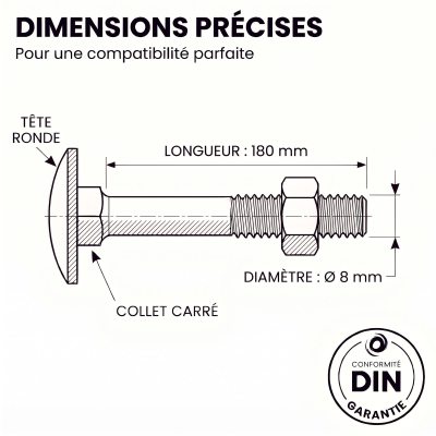 25 Boulons tête ronde collet carré DIN603/555 acier zingués blanc 8.0 X 180 2