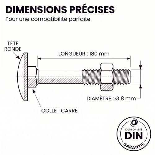 25 Boulons tête ronde collet carré DIN603/555 acier zingués blanc 8.0 X 180