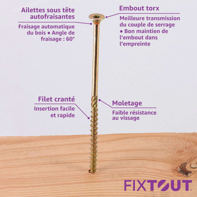 200 Vis bois Torx à tête fraisée plate expert - Acier galvanisé - Diamètre 4mm - anti-fendage - moletage de serrage