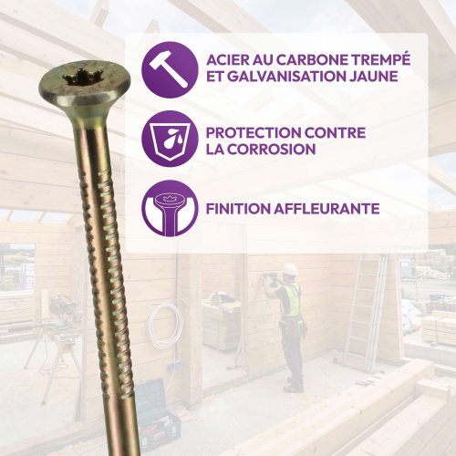 200 Vis bois Torx à tête fraisée plate expert - Acier galvanisé - Diamètre 5 mm - anti-fendage - moletage de serrage