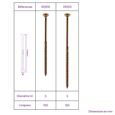 100 Vis bois Torx à tête fraisée plate expert - Acier galvanisé - Diamètre 5 mm - anti-fendage - moletage de serrage 2