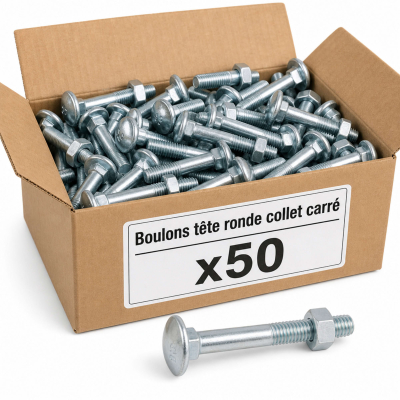 50 Boulons tête ronde collet carré DIN603/555 acier zingués blanc diamètre 12,0 mm