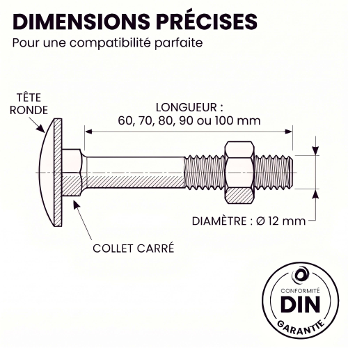 50 Boulons tête ronde collet carré DIN603/555 acier zingués blanc diamètre 12,0 mm