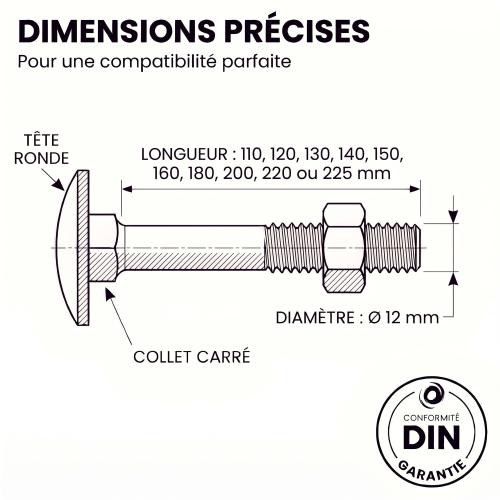 25 Boulons tête ronde collet carré DIN603/555 acier zingués blanc diamètre 12,0 mm