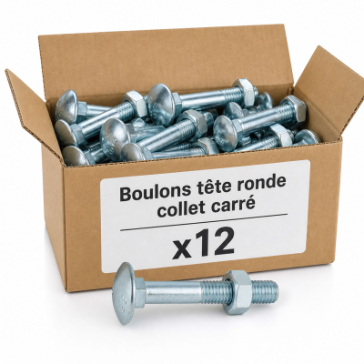 12 Boulons tête ronde collet carré DIN603/555 acier zingués blanc diamètre 12,0 mm