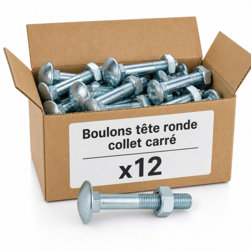 12 Boulons tête ronde collet carré DIN603/555 acier zingués blanc diamètre 12,0 mm