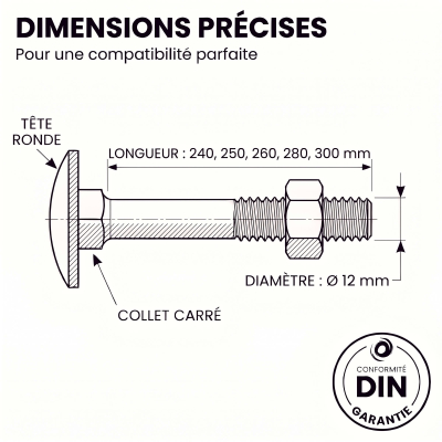 12 Boulons tête ronde collet carré DIN603/555 acier zingués blanc diamètre 12,0 mm 2