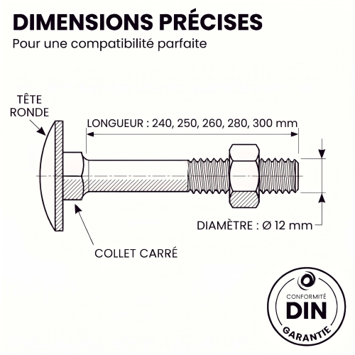 12 Boulons tête ronde collet carré DIN603/555 acier zingués blanc diamètre 12,0 mm