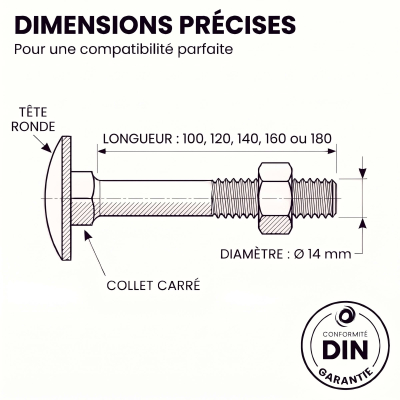 25 Boulons tête ronde collet carré DIN603/555 acier zingués blanc diamètre 14,0 mm 2