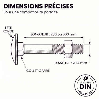 10 Boulons tête ronde collet carré DIN603/555 acier zingués blanc diamètre 14,0 mm 2