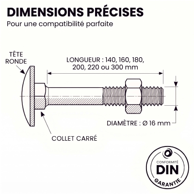 10 Boulons tête ronde collet carré DIN603/555 acier zingués blanc diamètre 16,0 mm 2