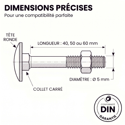 20 Boulons tête ronde collet carré DIN603/555 acier zingués blanc diamètre 5,0 mm