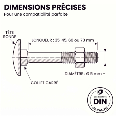 200 Boulons tête ronde collet carré DIN603/555 acier zingués blanc diamètre 5,0 mm