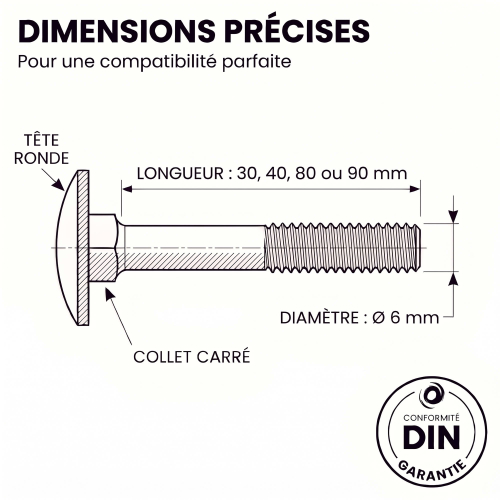 20 Boulons tête ronde collet carré DIN603/555 acier zingués blanc diamètre 6,0 mm